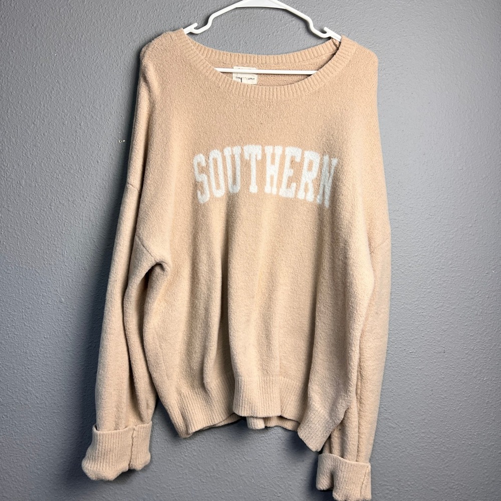 Thread & Supply Southern Lg Graphic Oversized Cozy Soft Sweater Sand White Beige
